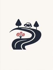 Poster - A small car travels along a winding road, surrounded by trees and flowers in a tranquil setting, showcasing a peaceful journey. Generative AI