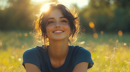 Relaxed young woman with very short dark hair enjoying a day in the park, dressed in a navy blue T-shirt, khaki shorts, and red sneakers, smiling brightly