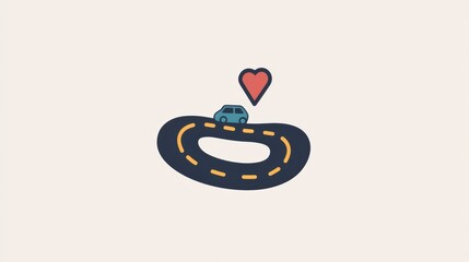 Poster - A small, simple car drives along a curvy road adorned with a heart symbol, evoking a sense of joy and love for exploration. Generative AI