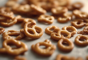 Tasty salty cracker pretzels on whole background