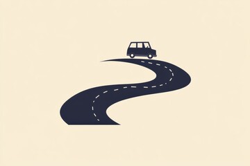 Poster - A small, minimalist car drives along a curved road, capturing the essence of travel and freedom on an open journey. Generative AI
