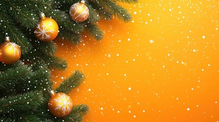 Wall Mural - festive christmas background fir tree branches with christmas decorations on orange background