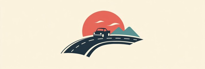 Poster - A small car navigates a winding road, framed by mountains and a vibrant sunset, capturing the essence of a scenic journey. Generative AI
