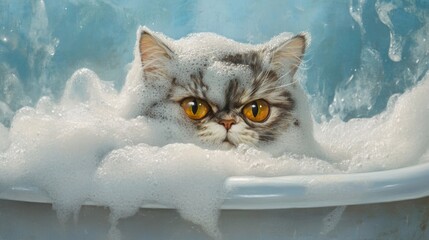 Poster - Cat in Bathtub with Bubbles and Captivating Eyes