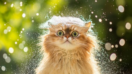 Poster - Playful Cat with Water Droplets in Bright Light