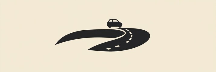 Poster - A small, simple car drives along a curved road, emphasizing the journey ahead and the joy of exploration on a beautiful day. Generative AI
