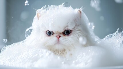 Poster - Cute Cat in a Bubble Bath Surrounded by Foam