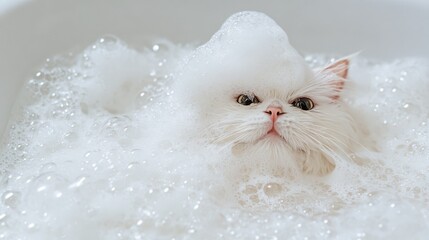 Poster - Fluffy White Cat Enjoying a Bubble Bath