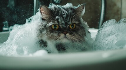 Poster - Cat in Bathtub Surrounded by Bubbles