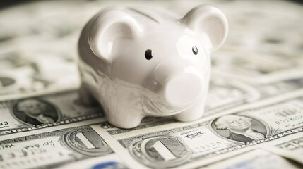 A white piggy bank sits atop scattered dollar bills, symbolizing saving and financial planning.