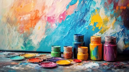 Colorful Paint Jars with Vibrant Abstract Background