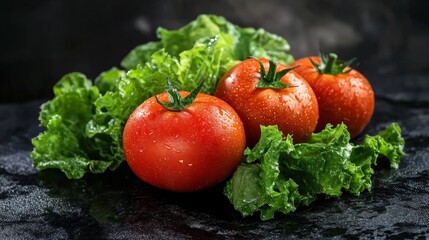 Poster - Fresh Harvest. Tomatoes and Crisp Lettuce on a Rustic Surface