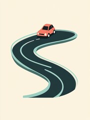 Poster - A small, minimalist car drives along a curvy road, highlighting the dynamic motion of travel and exploration in open landscapes. Generative AI