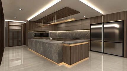 Wall Mural - Elegant black kitchen with grey marble and wood cabinets showcasing modern minimalist design in a sophisticated setting