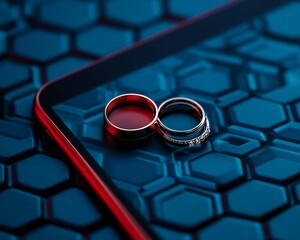 Two wedding rings resting on a textured blue surface beside a smartphone.