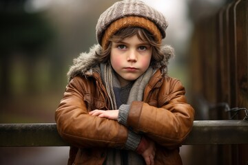 Outdoor portrait of a cute little boy in a warm coat and hat.