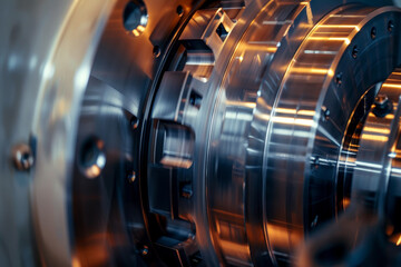 Poster - An intricate assembly of metallic gears and machinery components is highlighted, demonstrating the complex engineering processes in an industrial environment during daytime operations