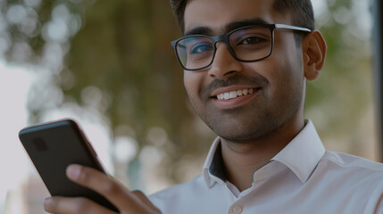 A trendy close-up of a stylish Indian man holding a smartphone, flashing a confident smile, perfect for showcasing modern business culture.