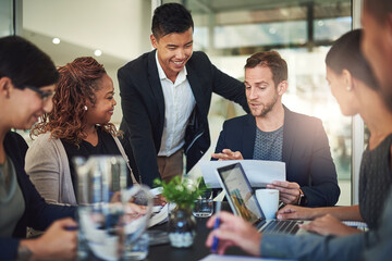 Aufkleber - Team, meeting and man in office with advice, leadership and feedback report on sales growth. Management, development and business people in conference room with ideas, strategy and planning documents