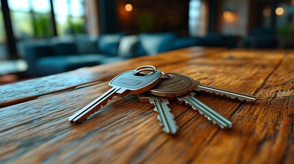 Keys on a polished wooden table, with a contemporary apartment interior softly blurred in the background