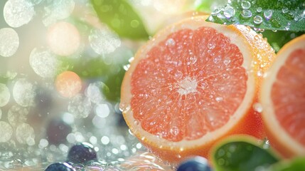 A vibrant close-up of grapefruit slices with droplets, surrounded by blueberries and green leaves, creating a refreshing, juicy aesthetic.