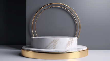 Poster - White marble pedestal with gold in the studio room, mockup stand for presentation.