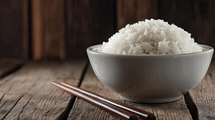 A white ceramic bowl filled with freshly steamed white rice, with chopsticks resting beside it on a wooden table. --chaos