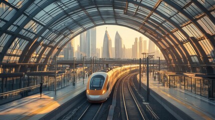 Wall Mural - Modern Train Station with Urban Skyline at Sunrise