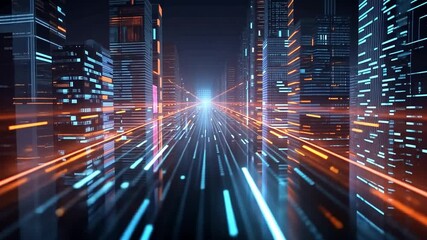 Aufkleber - A vibrant city environment features towering skyscrapers illuminated by bright neon lights, with dynamic data streams coursing through the scene, evoking a sense of advanced technology.