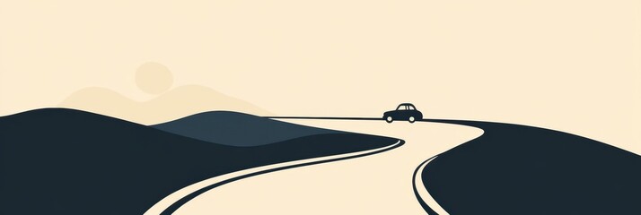 Poster - A small car travels along a winding road, set against a peaceful landscape with rolling hills and a soft sunset glow. Generative AI