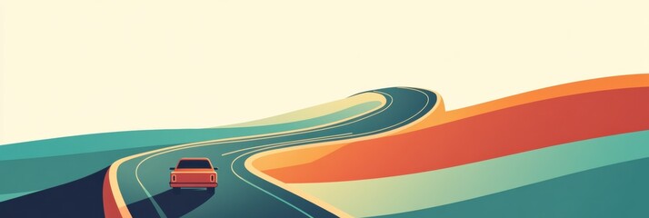 Poster - A minimalist car drives along a twisting road surrounded by vibrant hills on a clear day, showcasing a serene journey. Generative AI