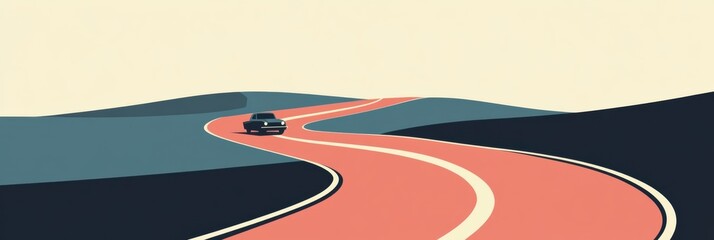 Poster - A small, simple car navigates a curvy road that meanders through soft hills under a clear sky, evoking a sense of adventure. Generative AI