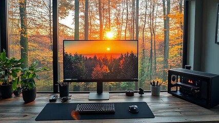Poster - This warm sunset casts golden light over an autumn forest, viewed from a stylish home office workspace.