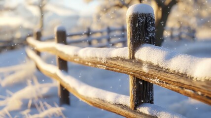 Snowy Winter Scene with Wooden Fence and Falling Snow