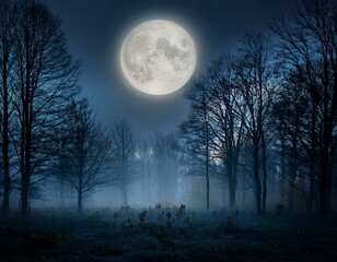 Wall Mural - a dark forest clearing on halloween night filled with eerie fog and illuminated by the full moon