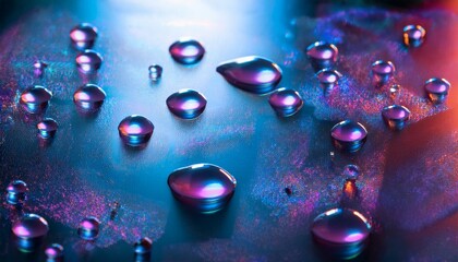 Wall Mural - abstract iridescent water droplets with neon light reflections