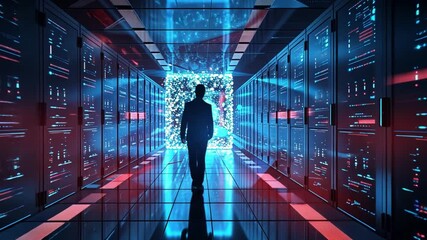 Leinwandbilder - In a high-tech data center, an individual walks towards a radiant portal filled with digital light, surrounded by rows of illuminated servers reflecting modern technology.