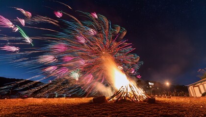Wall Mural - crackling bonfire with vibrant fireworks illuminating the night sky capturing the essence of guy faw