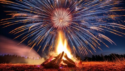 Wall Mural - crackling bonfire with vibrant fireworks illuminating the night sky capturing the essence of guy fawkes night celebration