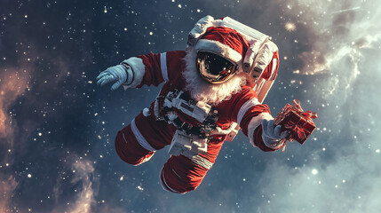 a santa claus with an astronaut suit, delivering gifts to a space station on christmas eve.