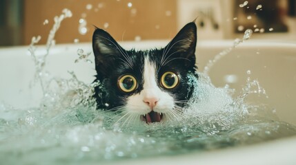 Poster - Cat Splashing in Water with Wide Eyes and Surprise