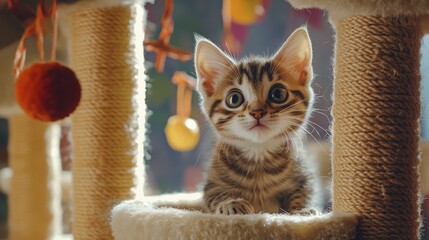 Poster - Playful Kitten in Cozy Cat Tree Setup