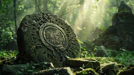 Canvas Print - Ancient Stone Carving in a Lush Jungle