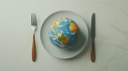 A globe on a plate with a fork and knife on a light background, a World Food Day wallpaper concept