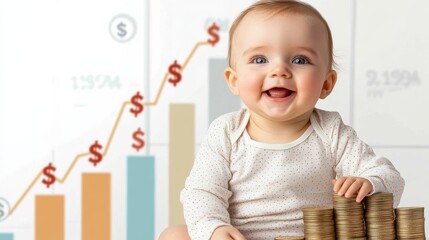 happy baby, growing investments: adorable baby sitting on stacks of coins with a rising financial gr