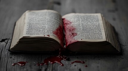 An Open Book Covered in Blood on a Wooden Surface