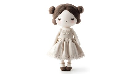 Soft plush doll with embroidered eyes and a simple dress, isolated on a white background