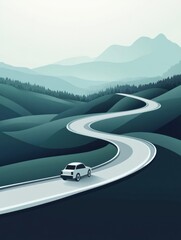 Poster - A sleek, minimalist car drives along a winding road, surrounded by soft hills and foggy mountains, evoking a sense of calm and adventure. Generative AI