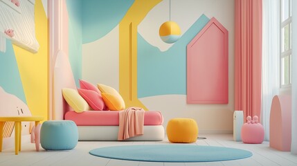 abstract shapes and playful colors, conjuring up the imagination of a child's bedroom