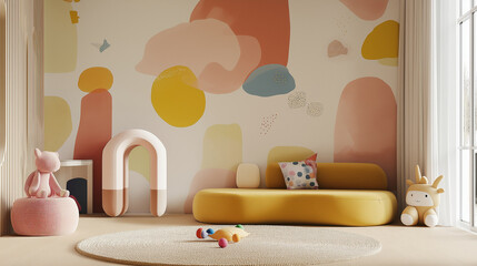 abstract shapes and playful colors, conjuring up the imagination of a child's bedroom